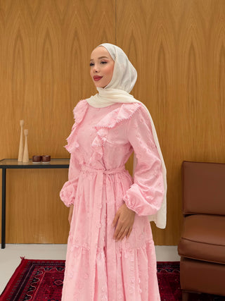 Fırfır Yakalı Çiçek Nakışlı Kat Kat Elbise Pembe