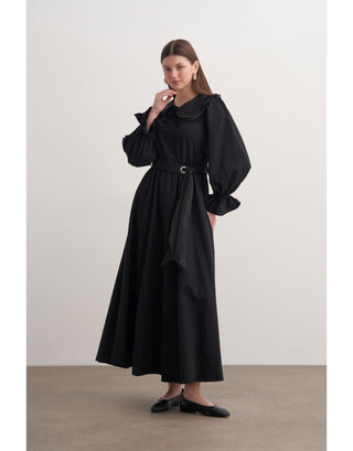 Bebe Yaka Kuşaklı Elbise - Siyah