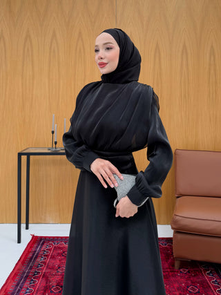 Simli Organze Şifon Elbise Siyah