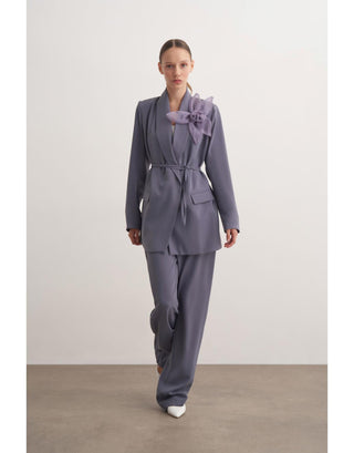 Gül Detaylı Blazer İkili Takım - Füme