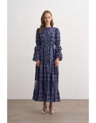 Dantel Detaylı Fırfırlı Elbise - Lacivert