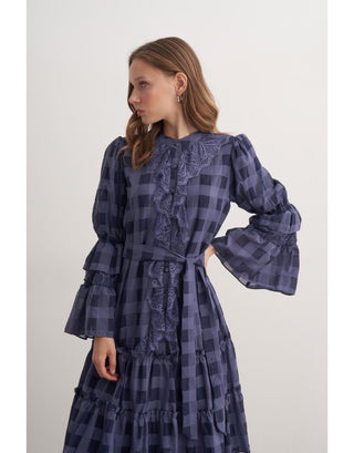 Dantel Detaylı Fırfırlı Elbise - Lacivert