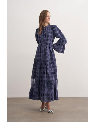 Dantel Detaylı Fırfırlı Elbise - Lacivert