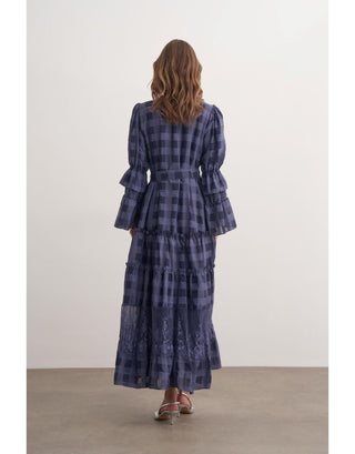 Dantel Detaylı Fırfırlı Elbise - Lacivert