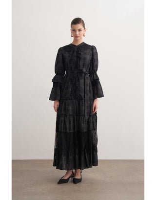 Dantel Detaylı Fırfırlı Elbise - Siyah