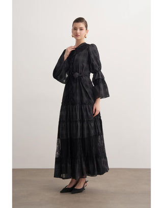 Dantel Detaylı Fırfırlı Elbise - Siyah