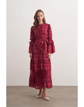 Dantel Detaylı Fırfırlı Elbise - Bordo