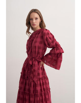 Dantel Detaylı Fırfırlı Elbise - Bordo