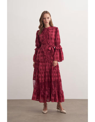 Dantel Detaylı Fırfırlı Elbise - Bordo