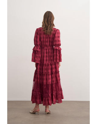 Dantel Detaylı Fırfırlı Elbise - Bordo