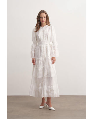 Dantel Detaylı Fırfırlı Elbise - Ekru