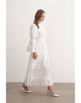 Dantel Detaylı Fırfırlı Elbise - Ekru