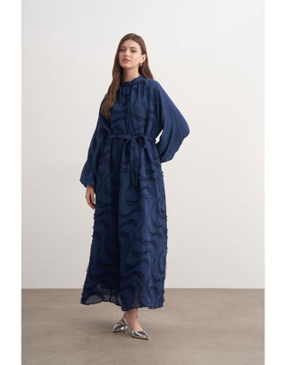 Taşlı Güpür Detaylı Elbise - Lacivert