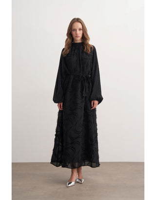 Taşlı Güpür Detaylı Elbise - Siyah