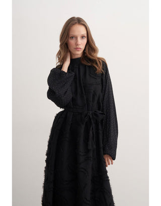 Taşlı Güpür Detaylı Elbise - Siyah