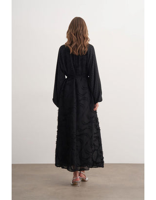 Taşlı Güpür Detaylı Elbise - Siyah