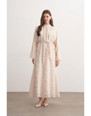 Taşlı Güpür Detaylı Elbise - Bej