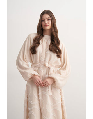 Taşlı Güpür Detaylı Elbise - Bej