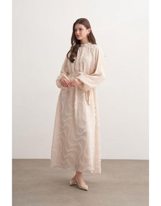 Taşlı Güpür Detaylı Elbise - Bej