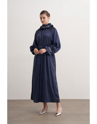 Fırfılı Taş İşlemeli Abiye Elbise - Lacivert