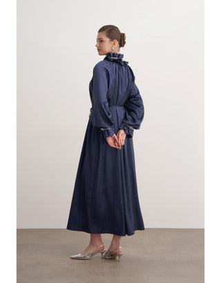 Fırfılı Taş İşlemeli Abiye Elbise - Lacivert