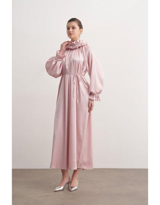 Fırfılı Taş İşlemeli Abiye Elbise - Pudra