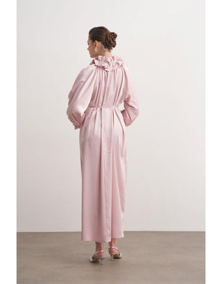 Fırfılı Taş İşlemeli Abiye Elbise - Pudra