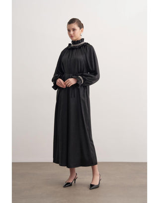 Fırfılı Taş İşlemeli Abiye Elbise - Siyah