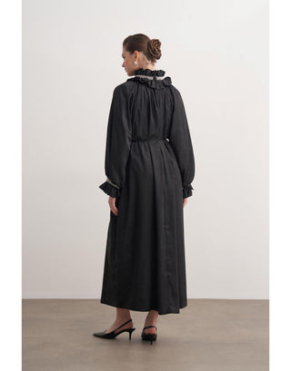 Fırfılı Taş İşlemeli Abiye Elbise - Siyah