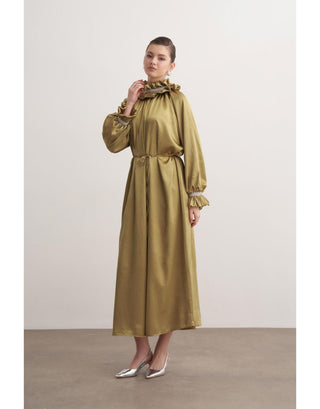 Fırfılı Taş İşlemeli Abiye Elbise - Yağ Yeşili