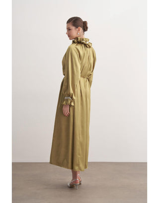 Fırfılı Taş İşlemeli Abiye Elbise - Yağ Yeşili