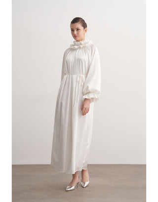 Fırfılı Taş İşlemeli Abiye Elbise - Ekru