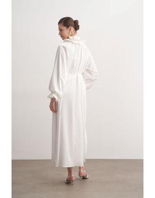 Fırfılı Taş İşlemeli Abiye Elbise - Ekru