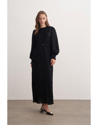 Kuşaklı Fırfırlı Elbise Siyah