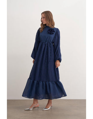 Gül Detaylı Balon Kol Elbise - Lacivert