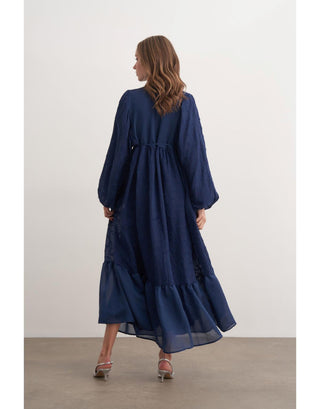 Gül Detaylı Balon Kol Elbise - Lacivert