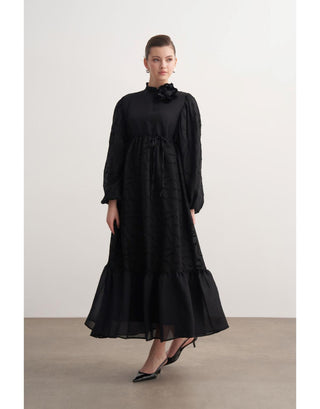 Gül Detaylı Balon Kol Elbise - Siyah