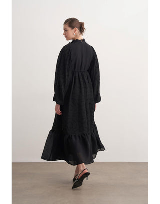 Gül Detaylı Balon Kol Elbise - Siyah