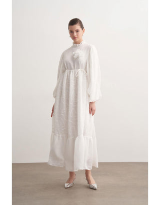 Gül Detaylı Balon Kol Elbise - Ekru