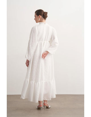 Gül Detaylı Balon Kol Elbise - Ekru