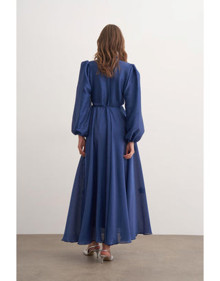 Çiçek Detaylı Şifon Abiye Elbise - Lacivert