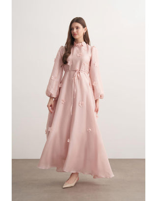 Çiçek Detaylı Şifon Abiye Elbise - Pudra