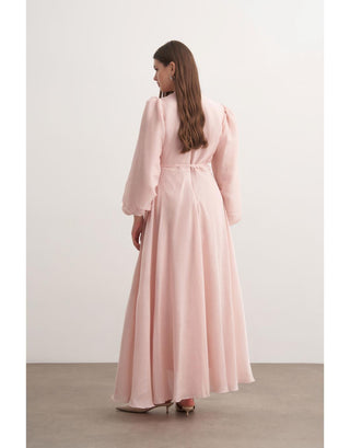 Çiçek Detaylı Şifon Abiye Elbise - Pudra