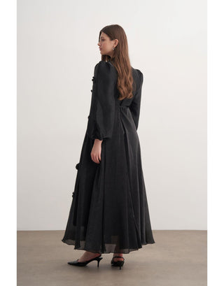 Çiçek Detaylı Şifon Abiye Elbise - Siyah