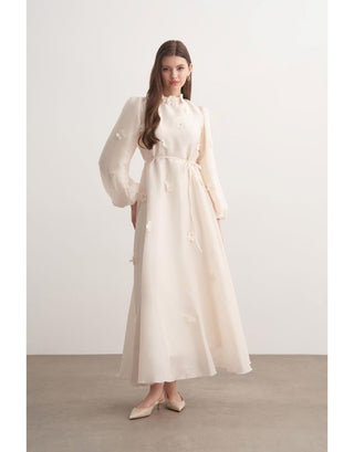 Çiçek Detaylı Şifon Abiye Elbise - Kemik Rengi