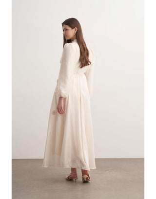 Çiçek Detaylı Şifon Abiye Elbise - Kemik Rengi