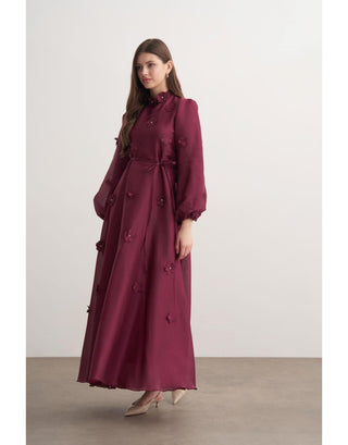 Çiçek Detaylı Şifon Abiye Elbise - Bordo