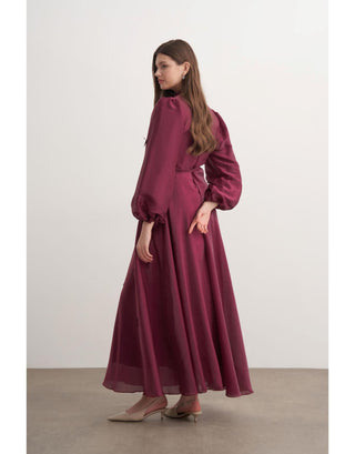 Çiçek Detaylı Şifon Abiye Elbise - Bordo