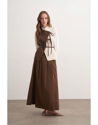 Garnili Yelekli Keten İkili Takım - Kahverengi