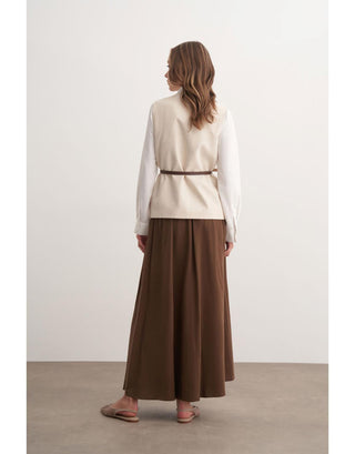 Garnili Yelekli Keten İkili Takım - Kahverengi